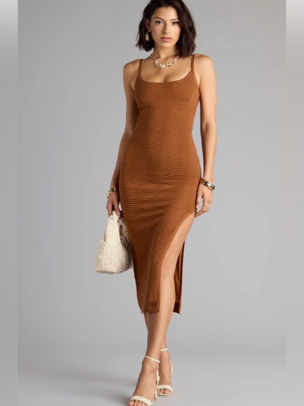 Windsor Cognac Brown Ribbed Knit Midi Dress with Side Slit, back cutouts large